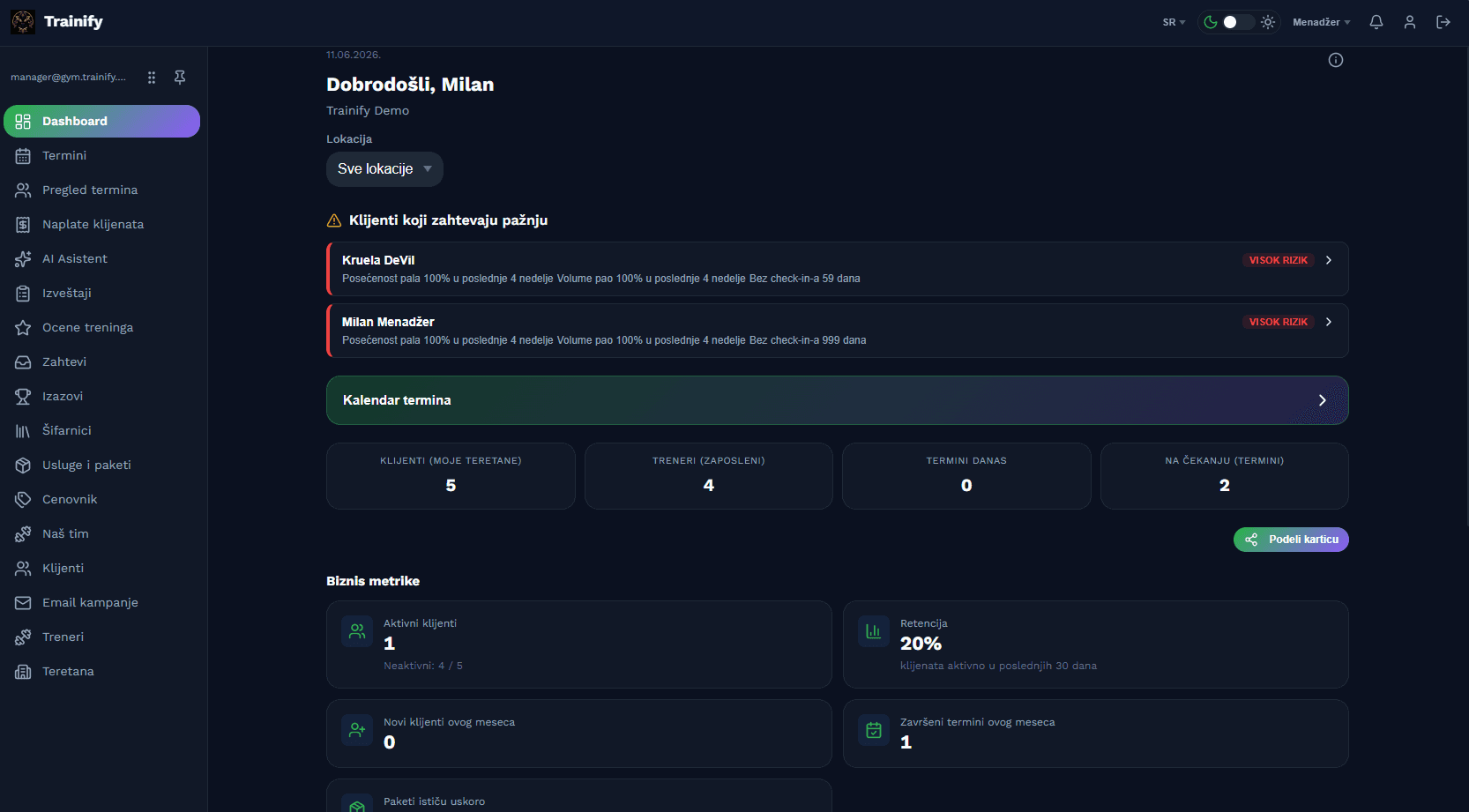 Trainify — prikaz na računaru