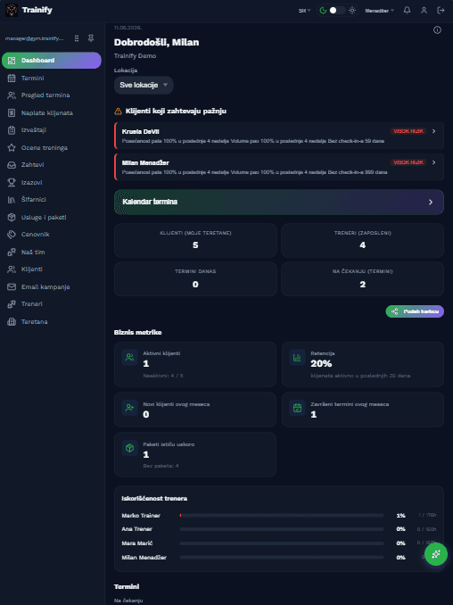 Trainify — prikaz na tabletu